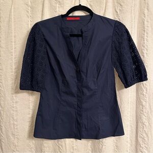 Carolina Herrera Eyelet‎ 3/4 Sleeve Blouson Top Navy Blue Size size 4